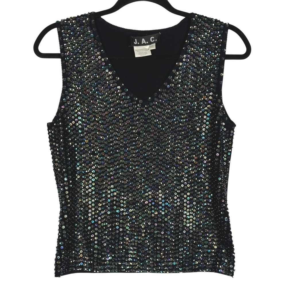 Vintage J.A.C. Black Iridescent Rainbow Sequin V-Neck Sleeveless Knit Top Medium